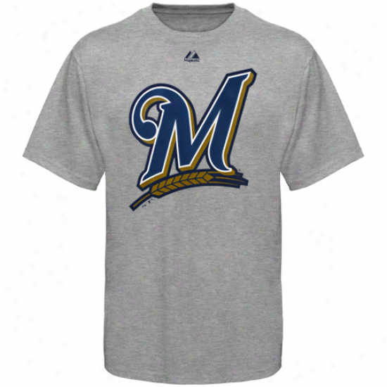 Majestic Milwaukee Brewers Ash Impressible Density Officiaal Logo T-shirt