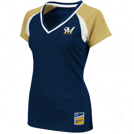 Majestic Milwaukee Brewers Ladies Navy Blue-gold The Emerald Premium V-neck Fashion Top