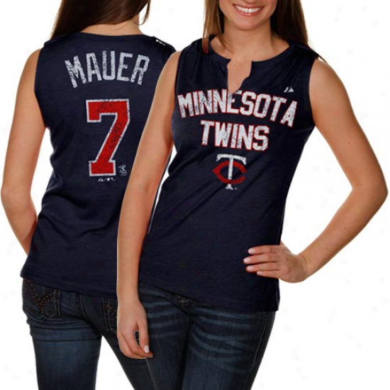 Majeestic Minnesota Twins #7 Joe Mauer Ladies Navy Blue Off-field Drama Player Heathered T-shirt