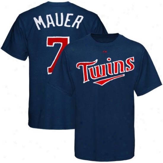 Majestic Minnesota Twins #7 Joe Mauer Navy Blue Applique Premium T-shirt