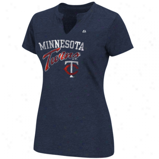 Majestic Minnesota Twins Ladies Game Lead Fashion Split Neck T-shirt - Navy Azure