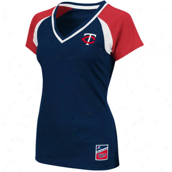 Majestic Minnesota Twins Ladies Navy Blue-red The Emerald Premum V-neck Fashion Top