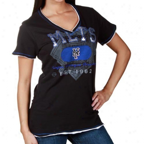 Majestic New York Mets Ladies Black Nice Hit Fashion V-neck Premium T-shirt