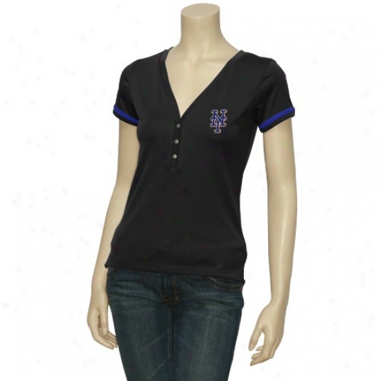 Majestic Just discovered York Mets Ladies Black Snap Front V-neck Top