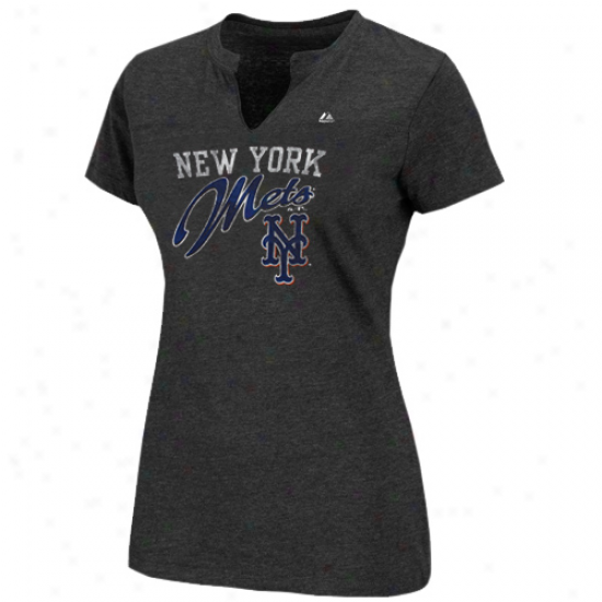 Majestic New York Mets Ladies Game Lead Fashion Split Neck T-shirt - Charcoal