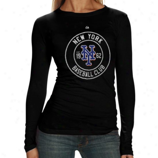 Majestic New York Mets Ladies Pro Sports Baseball Club Long Sleeve T-shirt - Black