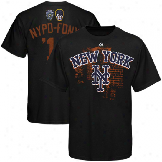 Majestic New York Mets Nypd-fdny Name And Nuumber T-shirt - Black