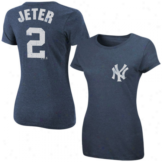 Majestic New York Yankees #2 Derek Jeter Ladies Navy Blue Off-field Drama Player Heathered T-shirt