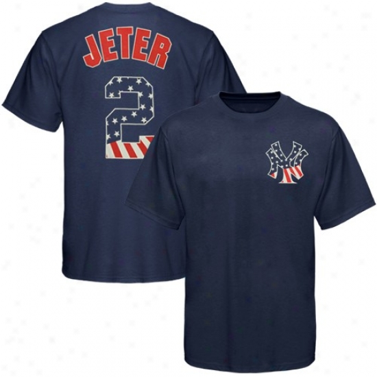 Majestic New York Yankees #2 Derek Jeter Navy Blue Stars & Stripes Player T-shirt