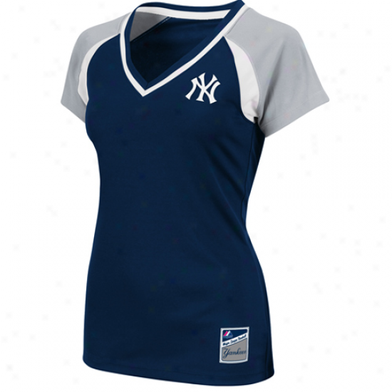 Majestic Nee Yoork Yankees Ladies Navy Blue-gray The Emerald Premium V-neck Fashion Top