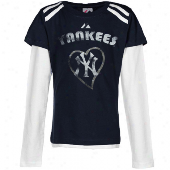 Majestic New York Yankees Youth Girls Top Field Long Sleeve T-shirt - Navy Blue