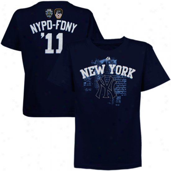 Majestic New York Yankees Youth Nypd Fdny Name And Number T-shirt - Navy Blue