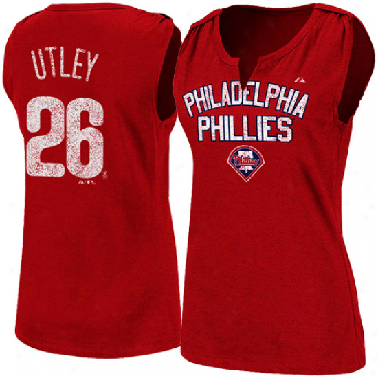 Majestic Philadelphia Phillies 2#6 Chase Utley Ladies Red Hey Batter Heathered Split-neck Tank Top