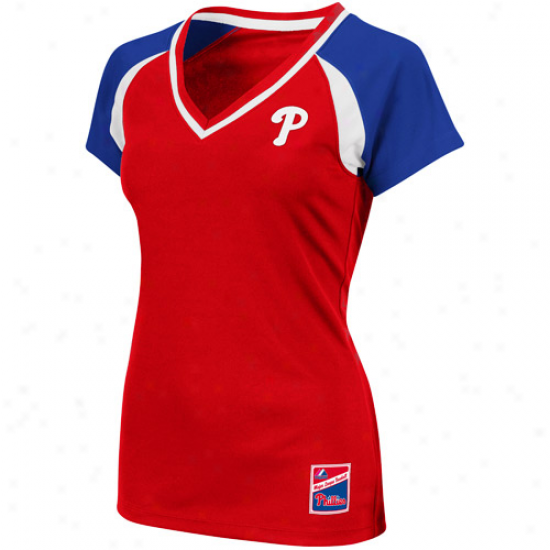 Majestic Philadelphia Phillies Ladies Red-royal Blue The Emerald Prrmium V-neck Fashion Top