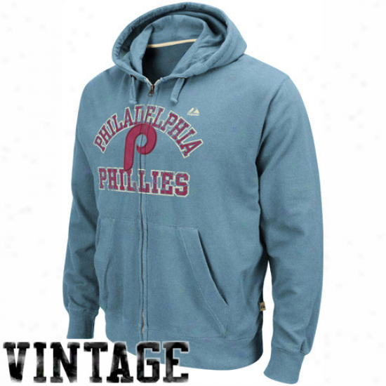 Majestic Philadellphia Phillies Light Blue Cooperstown Team Tradition Vintage Full Zip Hoodie Sweatshirt