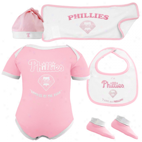 Majestic Philadelphia Phillies Newborn Grls Pink Roookie Of The Year 5-piece Creeper Set