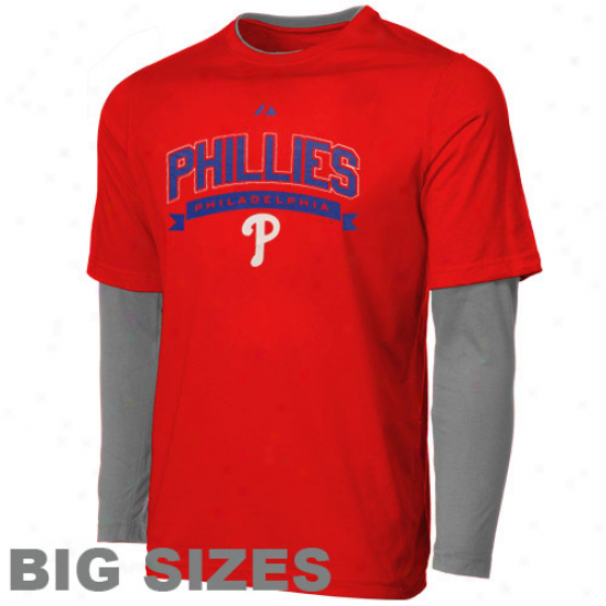 Majestic Philadelphia Phillies Ribbon Layer Big Sizes Long Sleeve T-shirt - Red