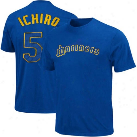 Majestic Seattle Mariners Royal Blue #51 Ichiro Suziki Team Issue Applique Player Reward T-shirt