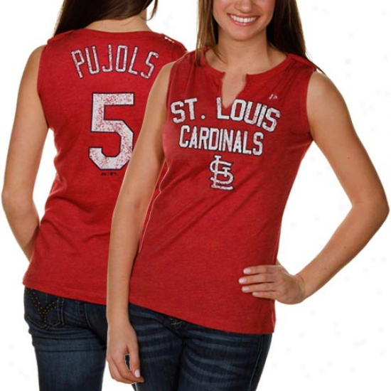 Majestic St. Louis Cardinals #5 Albeft Pujols Ladies Red Hey Batter Heathered Split-neck Tank Top