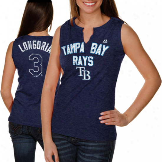 Majestic Tampa Bay Rays #3 Evan Longoria Ladies Navy Blue Hey Batter Heathered Split-neck Tank Top