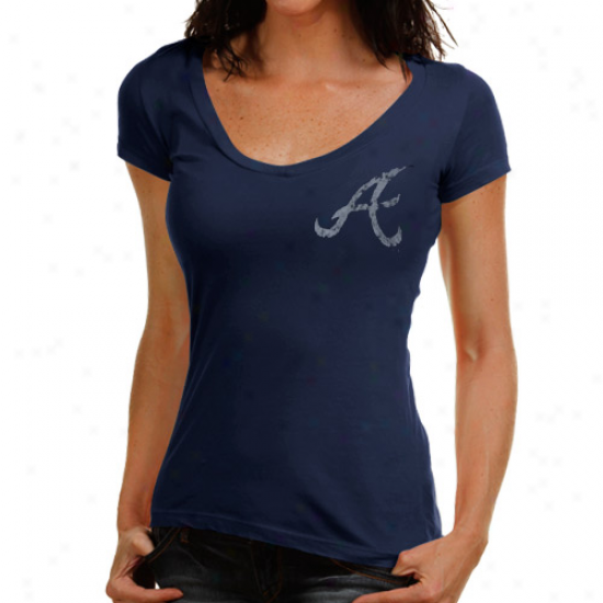 Majestic Threads Atlanta Braves Ladies No Strikes Premium V-neck T-shirt - Navy Blue