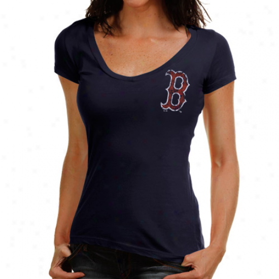 Majestic Threads Boston Red Sox Ladies No Strikes Premium V-neck T-shirt - Navy Blue