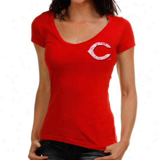 Majestic Threads Cincinnati Reds Ladies No Strikes Premium V-neck T-shirt - Red