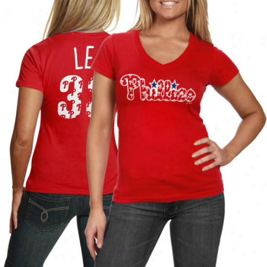 Majestic Threads Cliff Lee Philadelphia Phillies #33 Ladies Repeating Logo V-neck Premium T-shirt - Red