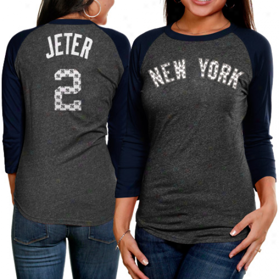 Majestic Threads Derek Jeter New York Yankees #2 Repeating Logo Three-quarter Sleeve Premium Raglan T-shirt - Ships Blue