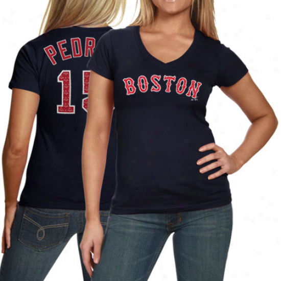 Majestic Threads Dustin Pedroia Boston Red Sox Ladieq #15 Repeating Logo V-neck Premium T-shirt - Navy Blue