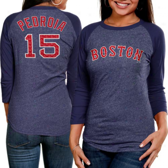 Majestic Threads Dustn Pedroia Boston Red Sox Ladies #15 Repeating Logo Three-quarter Sleeve Premium Raglan T-shirt - Navy Blue