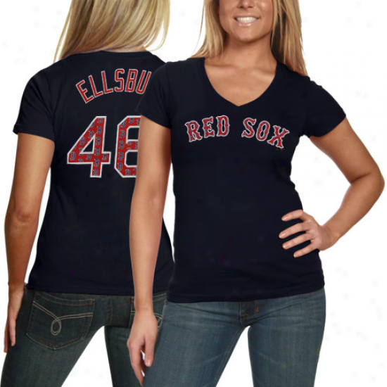 Majestic Threads Jacoby Ellsbury Boston Red Sox #46 Ladies Repeating Logo V-neck Premium T-shirt - Ships of war Blue