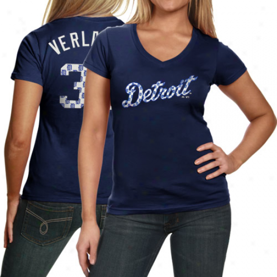 Majestic Threads Jason Verlander Detroit Tigers Ladies #35 Repeating Logo V-neck Premium T-shirt - Navy Blue
