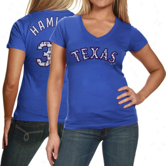 Majestic Threads Josh Hamilton Texas Rangers #32 Ladies Repeating Logos Three-quarter Sleeve Premium Raglan T-shirt - Royal Blue