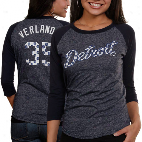 Majestic Threads Justin Verlander Detroit Tigers Ladies #35 Repeating Logo Three-quarter Sleeve Premium RaglanT -shirt - Charcoal-black