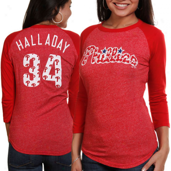 Majestic Threads Rot Halladay Philadelphia Phillies Ladies #34 Repeating Logo Three-quarter Sleeve Premium Raglan T-shirt - Red