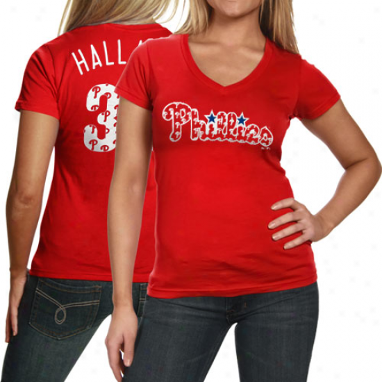 Majestic Threads Roy Halladay Philadelphia Phillies Ladies #34 Repeating Logo V-neck Premium T-shirt - Red