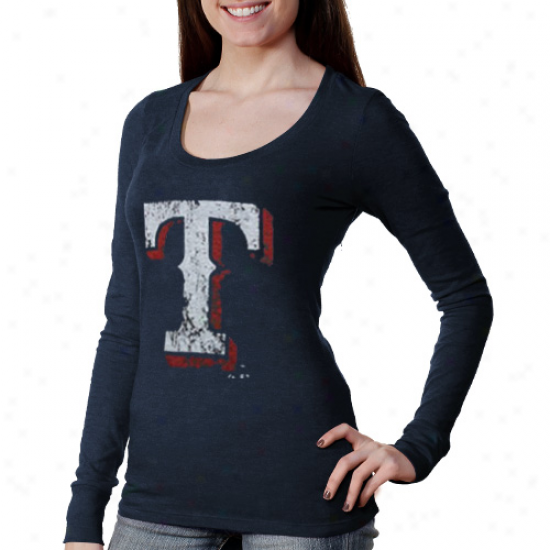 Majestic Threads Texas Rangers Ladies Scoop Premium Tri-blend Long Sleeve T-shirt - Navy Blue