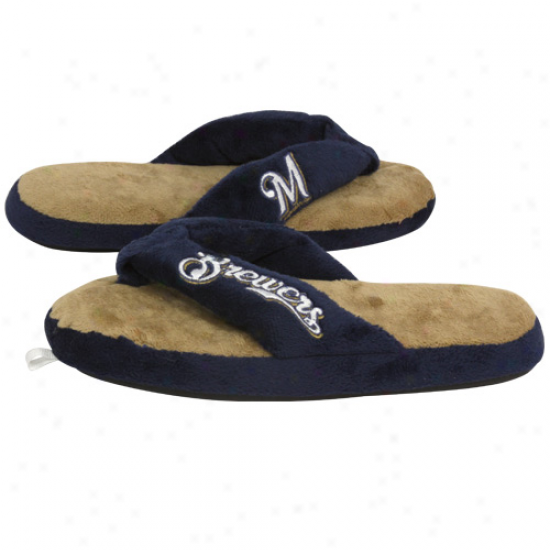 Milwaukee Brewers Ladies Navy Blue-gold Plush Thong Slippers