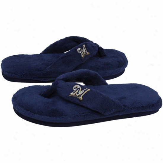 Milwauee Brewers Ladies Navy Blue Plush Thong Slippers