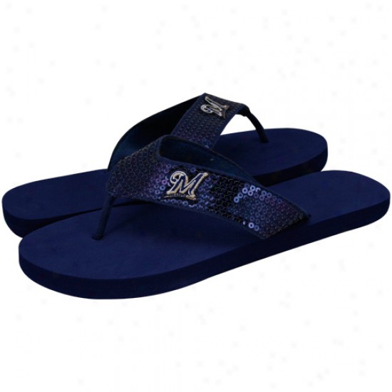 Milwaukee Brewers Ladies Navy Blue Sequin Strap Flip Flops