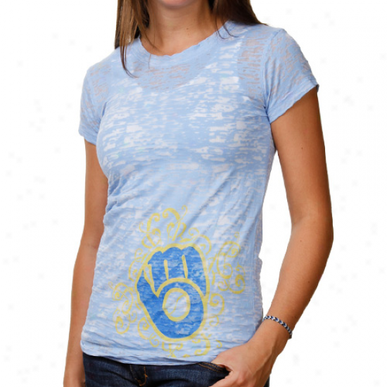 Milwaukee Brewers Ladies Scroll Burnout Premium Crew T-shirt - Light Blue