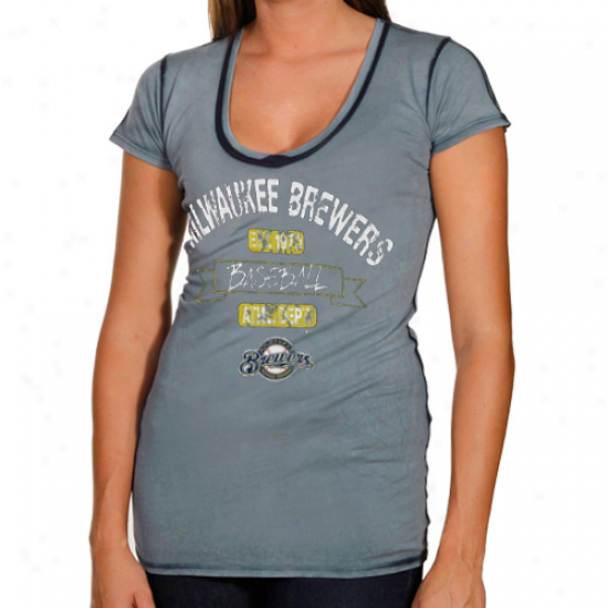 Milwaukee Brewers Ladies Seam Wash Premium V-neck T-shirt - Navy Blue