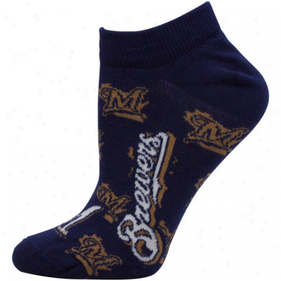 Milwaukee Brewers Wmmens Allover Team Logo Ankle Socks - Navy Blue