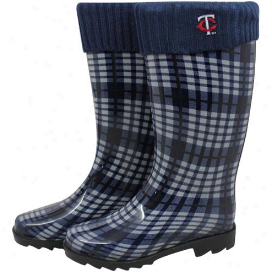 Minnesota Twins Ladies Navy Blue Plaid Cuffed Rain Boots