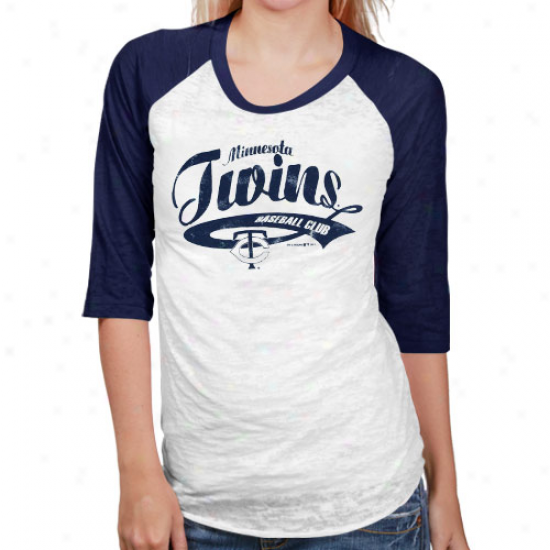 Minnesota Twins White-navy Blue Burnout Raglan Three-quarter Length Sleeve T-shirt