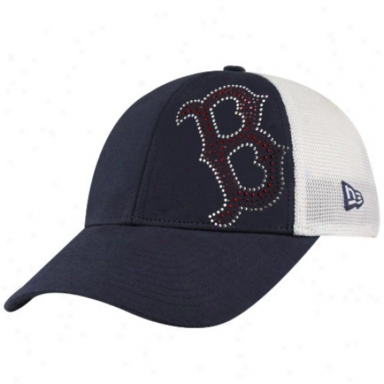 New Era Boston Red Sox Ladies Navy Blue-white Jersey Shimmer Rhinestone Mesh Back Adjisrable Hat