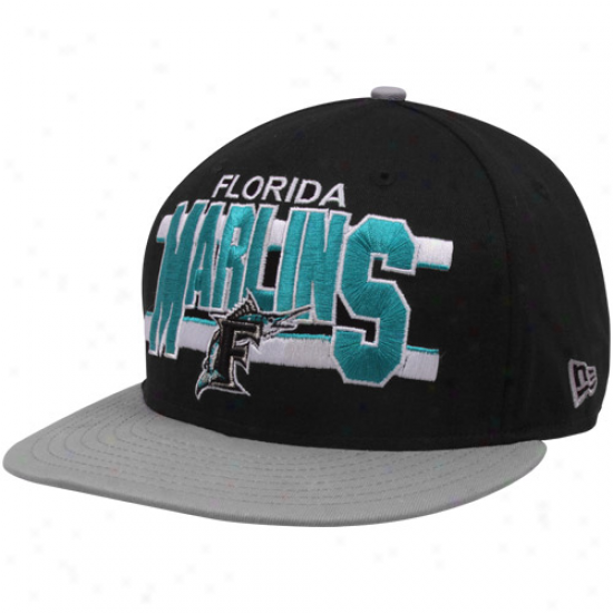 New Era Florida Marlins Black-gray Cooperstown Word Stripe 9fifty Snapback Adjustable Hat