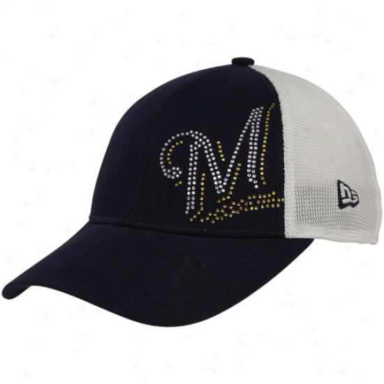 New Era Milwaukee Brewers Youth Girls Navy Blue-white Jersey Shimmer Mesh Back Adjustable Hat