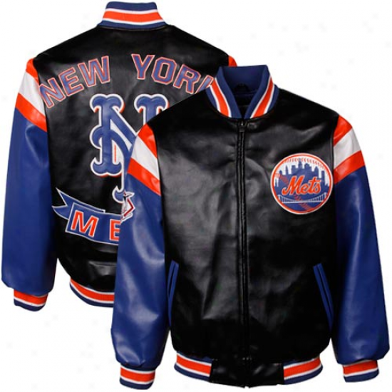 Ne wYork Mets Black Pleather Varsity Full Zip Jacket